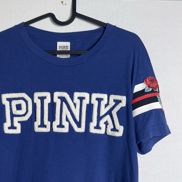 Victoria’s Secret "PINK" Womens Blue T-Shirt Small Rose Sleeve Applique Logo - Picture 1 of 8